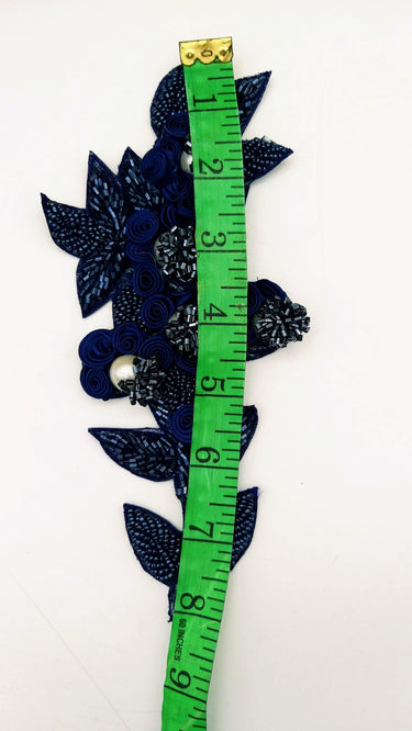 Navy Blue Hand Embroidered Floral Applique, Beaded Floral Motif